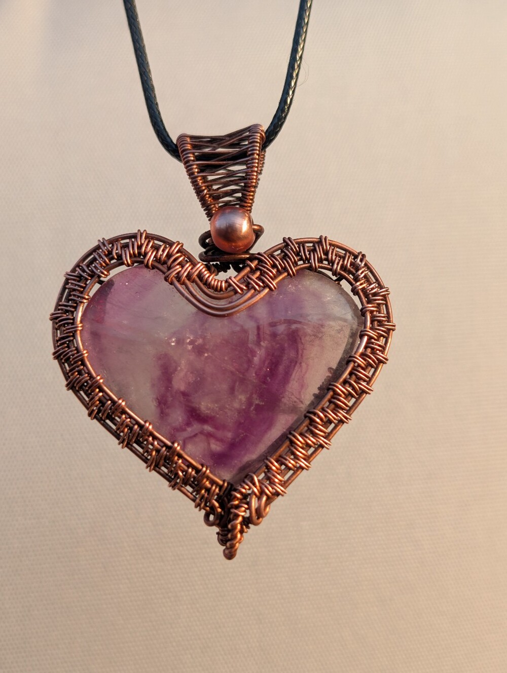 Fluorite Heart Copper Wire Wrapped Pendant Necklace